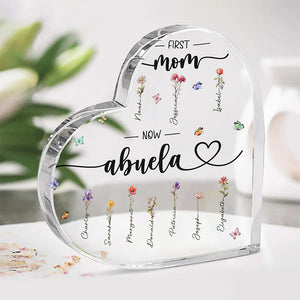 Grand-mère et ses charmantes fleurs - Plaque acrylique personnalisée en forme de cœur pour la famille - Cadeau pour maman et grand-mère