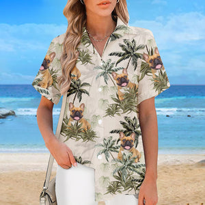 Chemise hawaïenne unisexe avec photo personnalisée - Cadeaux de vacances et de voyage personnalisés pour la famille, les amoureux des chiens et des chats - Le bonheur arrive par vagues