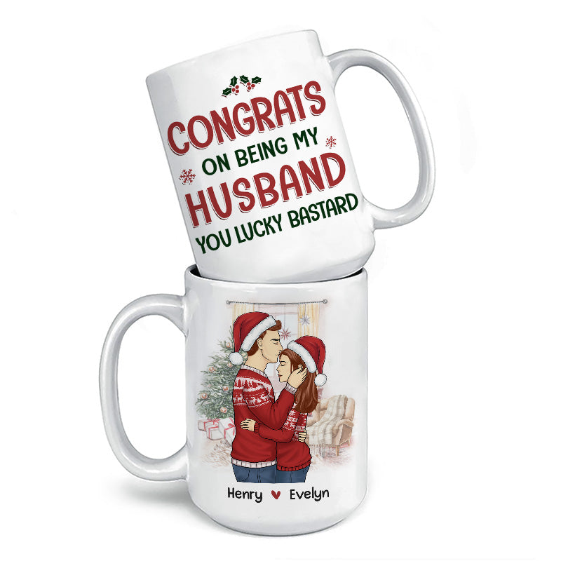 Félicitations pour être mon mari, tu as de la chance - Tasse personnalisée pour couple - Cadeau de Noël pour mari et femme, anniversaire