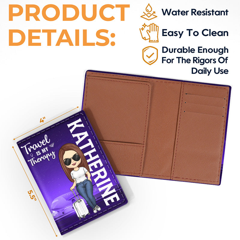 Voyager est ma thérapie - Protection de passeport personnalisée, étui à passeport - Cadeau pour les amoureux du voyage