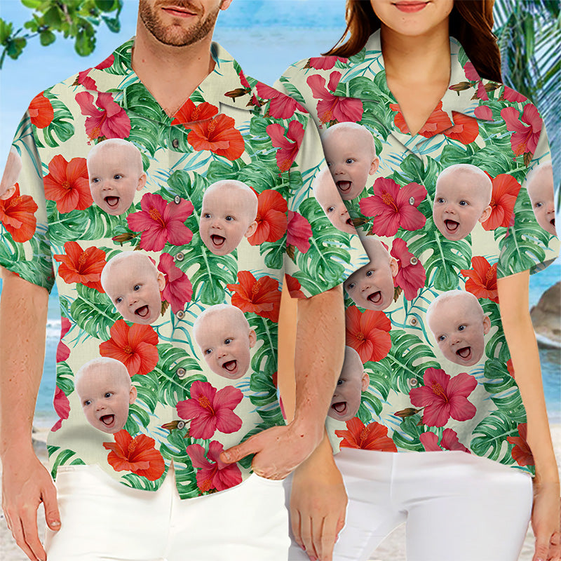 T-shirt hawaïen unisexe personnalisé avec photo et ambiance tropicale estivale - Cadeau idéal pour les vacances d'été et la famille