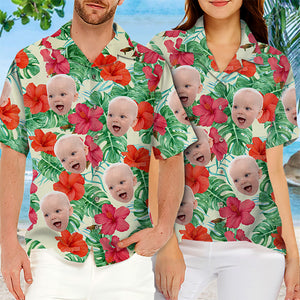 T-shirt hawaïen unisexe personnalisé avec photo et ambiance tropicale estivale - Cadeau idéal pour les vacances d'été et la famille