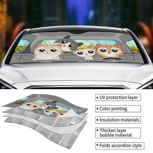 Partons en road trip ! Pare-soleil personnalisé pour pare-brise de voiture, protection de vitre de voiture, motif chat ! Cadeau pour les propriétaires et les amoureux des animaux.