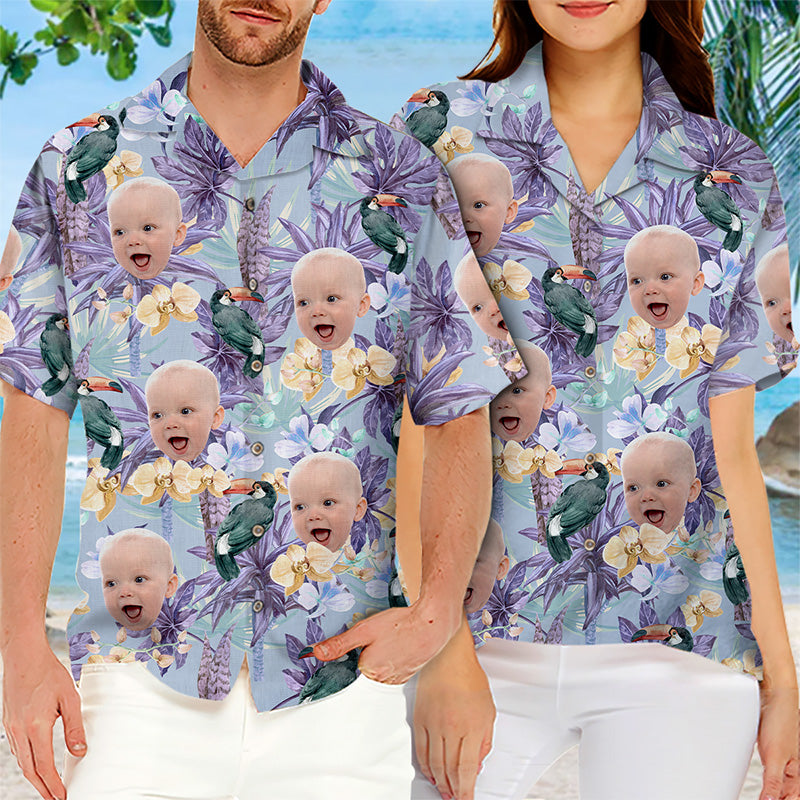 Motif de fleur d'oiseau tropical personnalisé - Chemise hawaïenne unisexe personnalisée pour la famille - Cadeau de vacances d'été, cadeau pour les membres de la famille