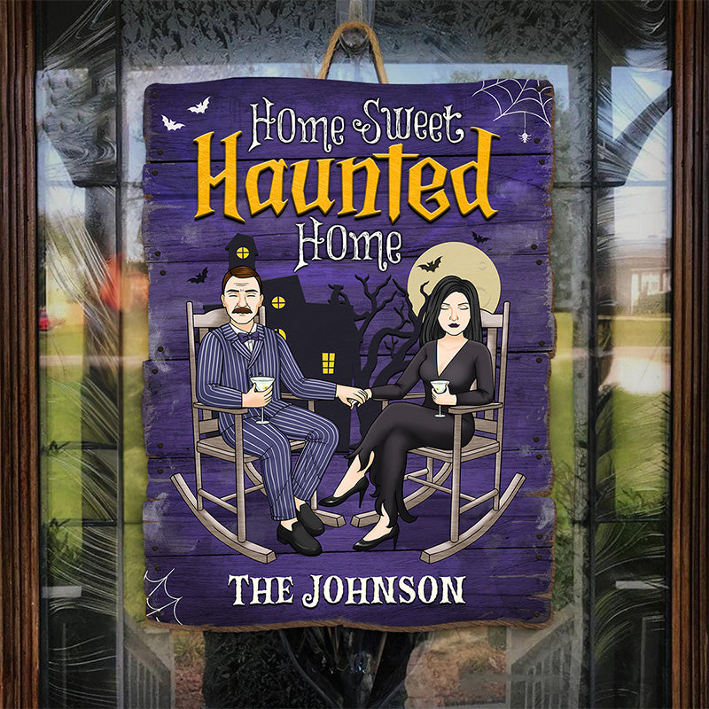 Home Sweet Haunted Home - Panneau en bois personnalisé pour couple - Cadeau d'Halloween pour mari et femme