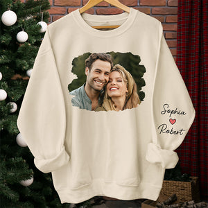 Custom Photo Meeting You Is The Best Thing That Ever Happened To Me - Couple Personalized Custom Unisex Sweatshirt With Design On Sleeve - Gift For Husband Wife, Anniversary
