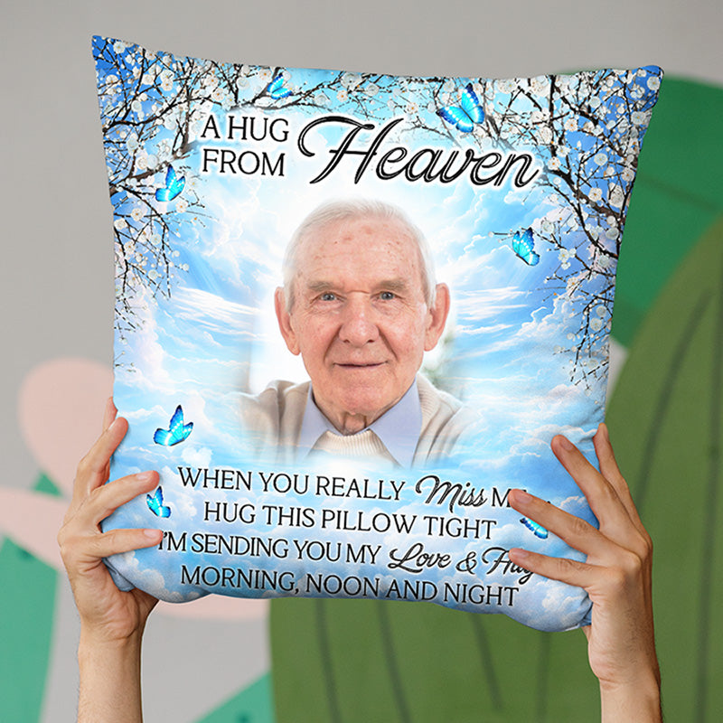Photo personnalisée « Un câlin du ciel » - Coussin personnalisé commémoratif - Cadeau de condoléances pour les membres de la famille