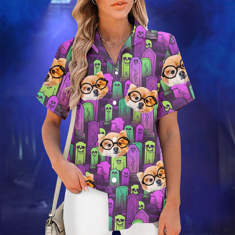 T-shirt hawaïen tropical unisexe personnalisé avec photo « Mangez, buvez et soyez effrayant » - Cadeau d'Halloween pour les membres de la famille, les propriétaires d'animaux et les amoureux des animaux