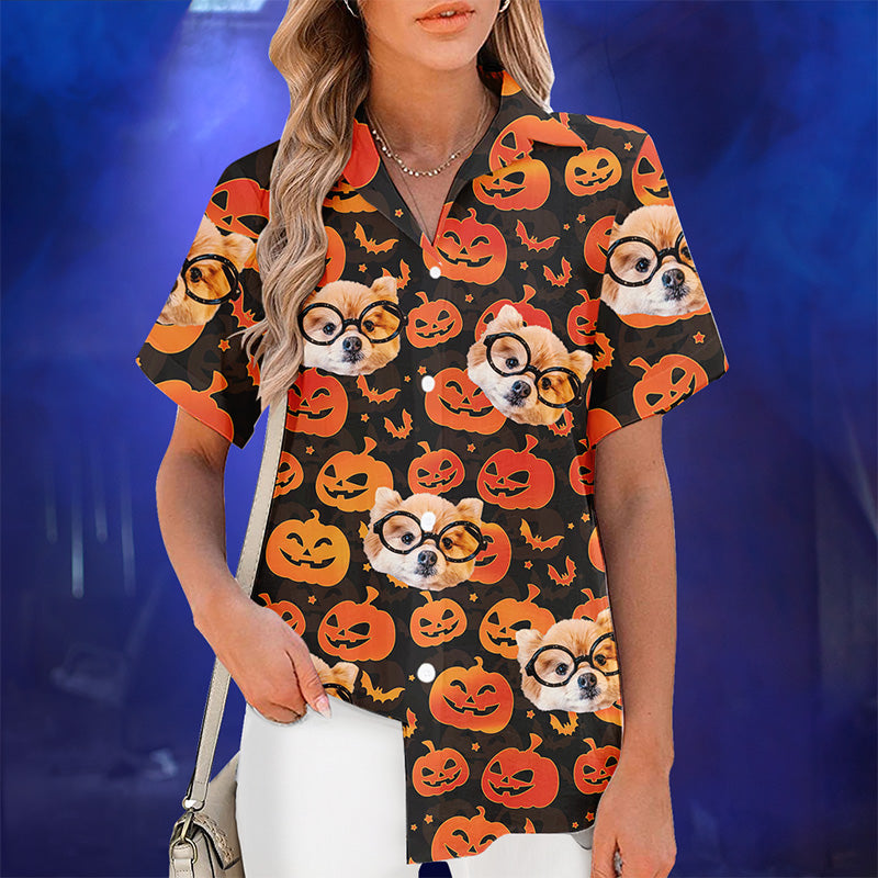 Photo personnalisée « Vous êtes la citrouille la plus mignonne du jardin » - T-shirt hawaïen tropical unisexe personnalisé pour la famille - Cadeau d'Halloween pour les membres de la famille, les propriétaires d'animaux et les amoureux des animaux