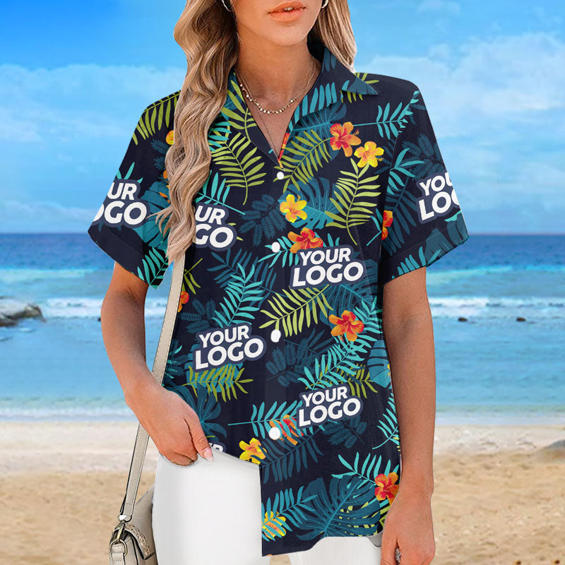 T-shirt hawaïen unisexe personnalisé avec logo tropical et photo personnalisée - Cadeau idéal pour les vacances d'été, les collègues et les membres de l'équipe