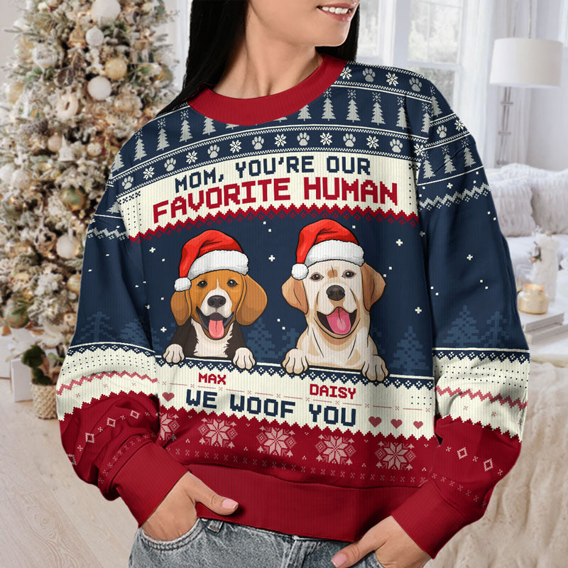 Notre humain préféré, on vous woof - Sweat-shirt moche personnalisé pour chien - Pull en laine unisexe - Cadeau de Noël pour les propriétaires d'animaux et les amoureux des animaux