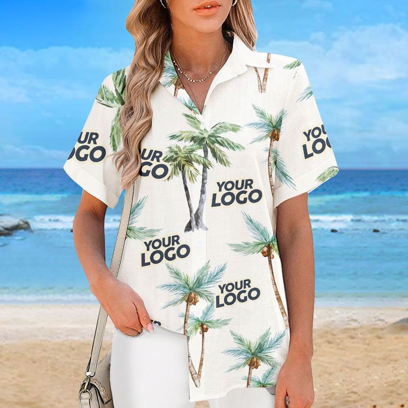 T-shirt hawaïen unisexe personnalisé avec photo « Seek To Sea More » et logo d'entreprise - Cadeau idéal pour les vacances d'été, les collègues et les membres de l'équipe
