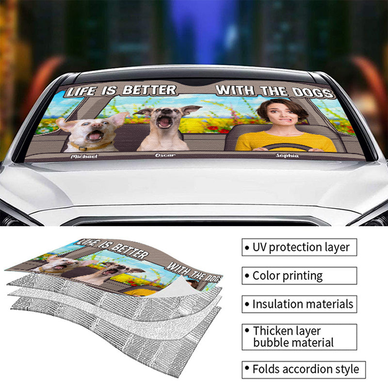 Photo personnalisée : La vie est meilleure avec les animaux ! Pare-soleil personnalisé pour pare-brise de voiture, protection de vitre de voiture, cadeau pour propriétaires et amoureux des animaux.