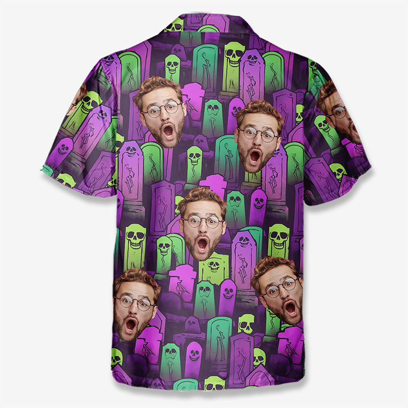 T-shirt hawaïen tropical unisexe personnalisé avec photo « Mangez, buvez et soyez effrayant » - Cadeau d'Halloween pour les membres de la famille, les propriétaires d'animaux et les amoureux des animaux