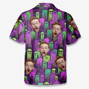 T-shirt hawaïen tropical unisexe personnalisé avec photo « Mangez, buvez et soyez effrayant » - Cadeau d'Halloween pour les membres de la famille, les propriétaires d'animaux et les amoureux des animaux