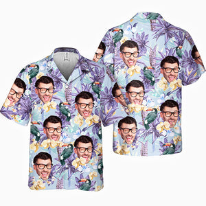 Motif de fleur d'oiseau tropical personnalisé - Chemise hawaïenne unisexe personnalisée pour couple - Cadeau de vacances d'été, cadeau pour mari et femme