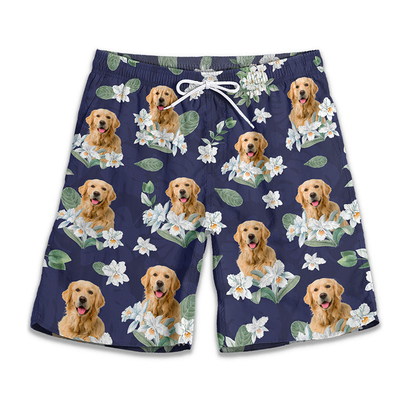 Short de plage hawaïen personnalisé avec photo « Sauvage et libre comme la mer » pour homme, motif tropical Aloha, pour chien et chat - Cadeau idéal pour les vacances d'été, les anniversaires et les amoureux des animaux.