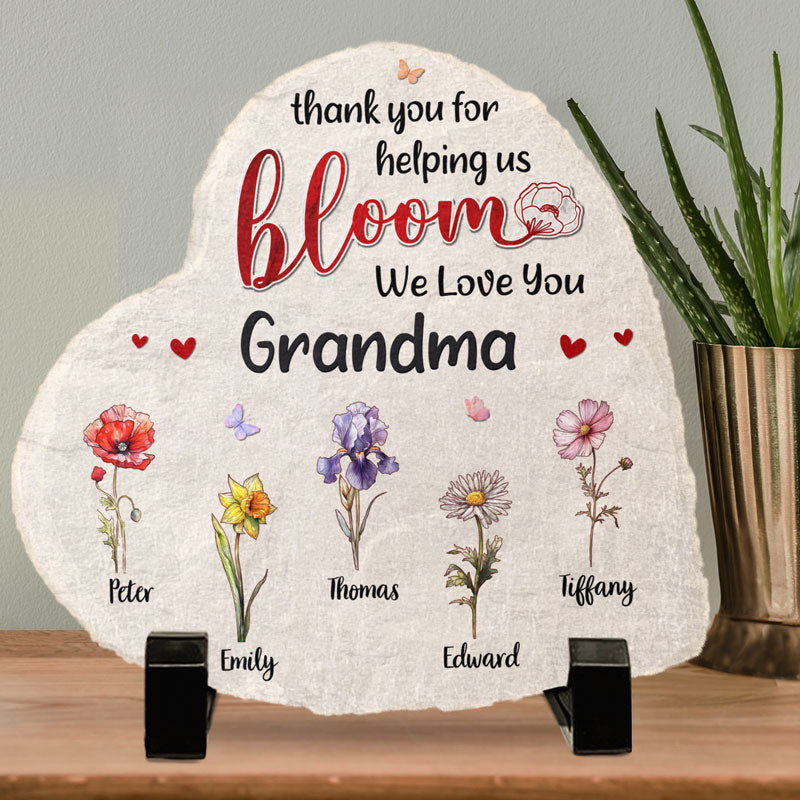 Merci de nous aider à fleurir - Pierre en forme de cœur personnalisée avec support - Cadeau pour grand-mère