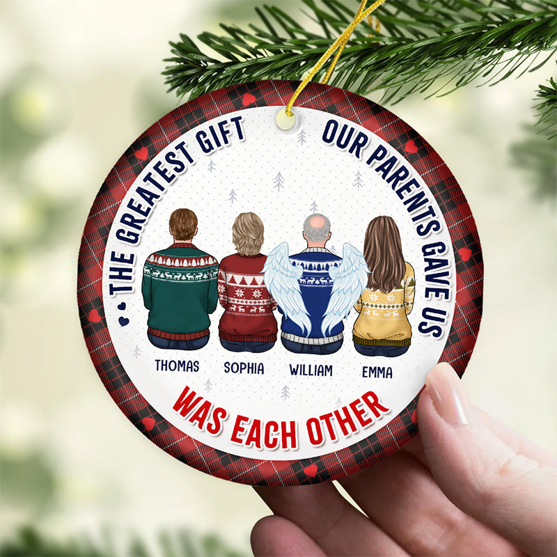 Le plus beau cadeau de la vie, c'est la famille ! Ornement commémoratif personnalisé en céramique de forme ronde. Cadeau de Noël, cadeau de condoléances pour les membres de la famille.