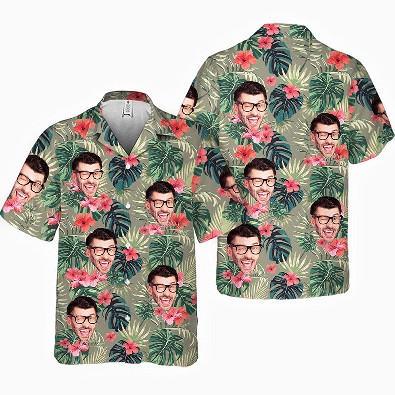 T-shirt hawaïen unisexe personnalisé avec photo de fleurs et feuilles tropicales colorées - Cadeau pour les vacances d'été, pour mari et femme