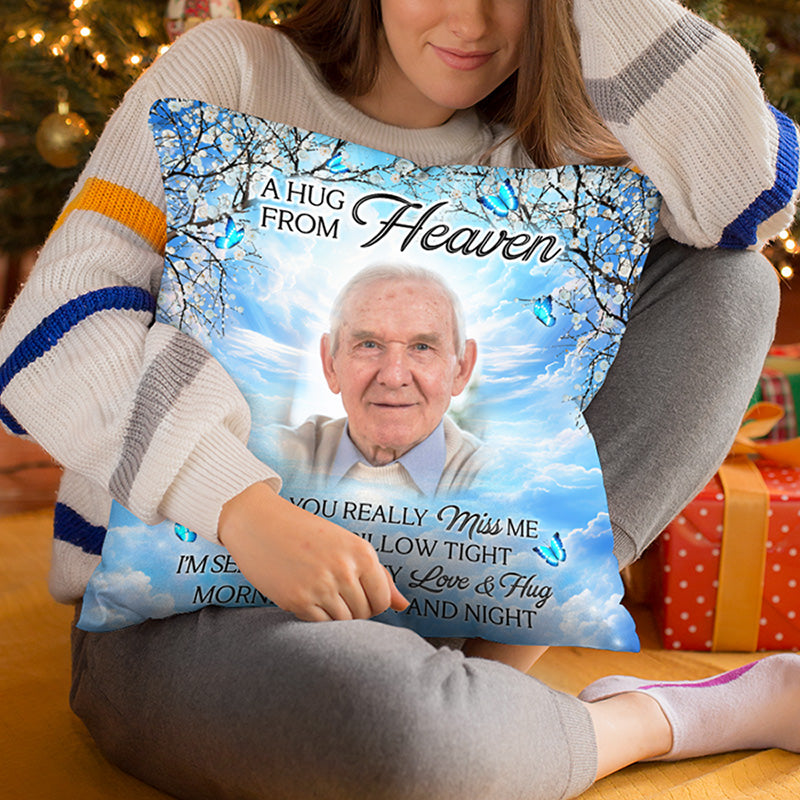 Photo personnalisée « Un câlin du ciel » - Coussin personnalisé commémoratif - Cadeau de condoléances pour les membres de la famille