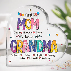Première maman, maintenant grand-mère - Plaque acrylique personnalisée en forme de cœur pour la famille - Cadeau d'anniversaire pour grand-mère