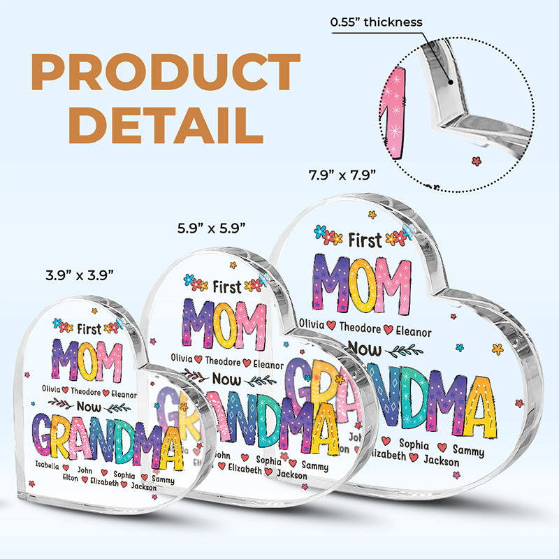 Première maman, maintenant grand-mère - Plaque acrylique personnalisée en forme de cœur pour la famille - Cadeau d'anniversaire pour grand-mère