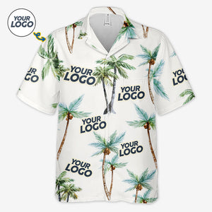 T-shirt hawaïen unisexe personnalisé avec photo « Seek To Sea More » et logo d'entreprise - Cadeau idéal pour les vacances d'été, les collègues et les membres de l'équipe