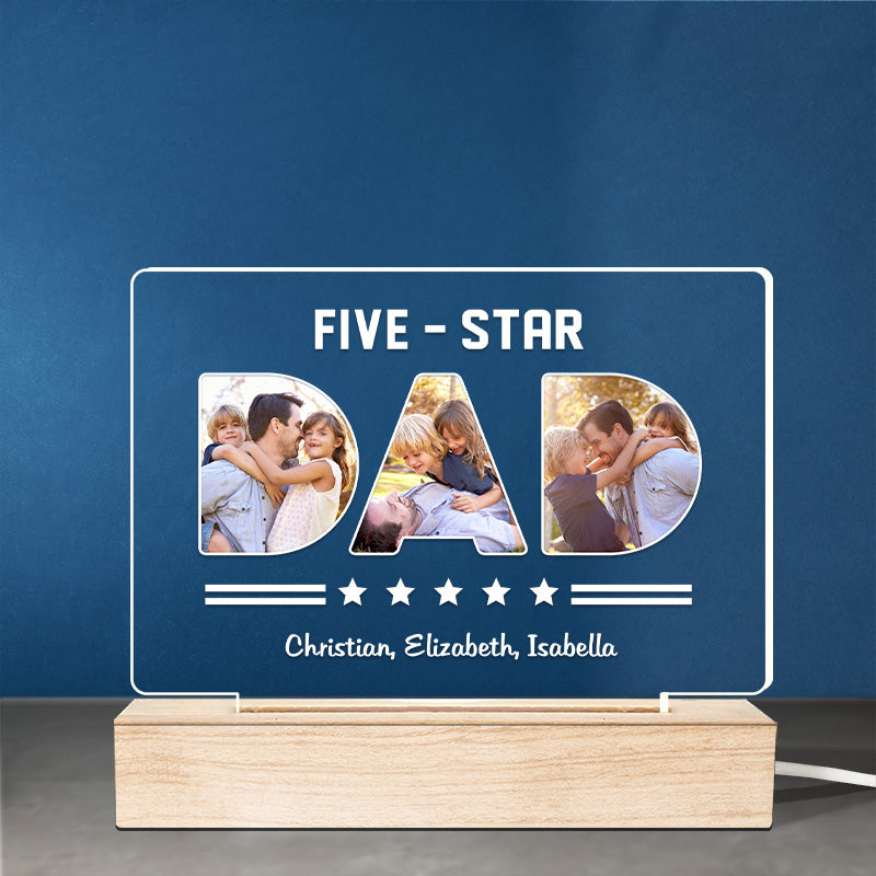 Photo personnalisée Papa cinq étoiles - Lampe LED 3D rectangulaire personnalisée pour la famille - Cadeau d'anniversaire, fête des pères pour papa et grand-père