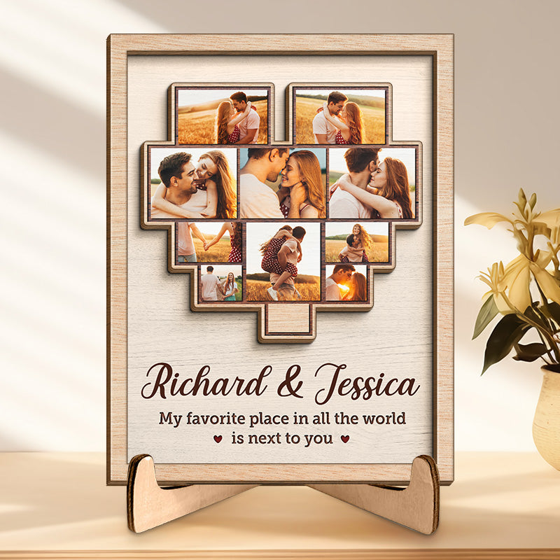 Photo personnalisée « La maison est là où se trouve ma femme » – Plaque en bois personnalisée à 2 couches avec support pour couple – Cadeau de pendaison de crémaillère pour mari et femme, anniversaire