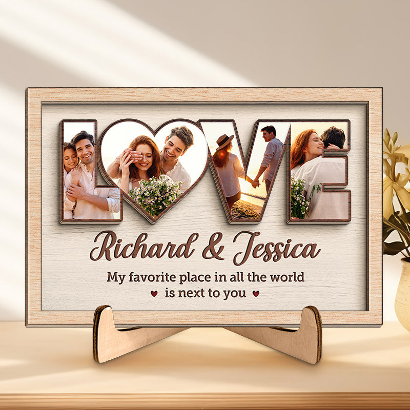 Photo personnalisée « Mon endroit préféré est à côté de toi » – Plaque en bois personnalisée à 2 couches avec support pour couple – Cadeau de pendaison de crémaillère pour mari et femme, anniversaire