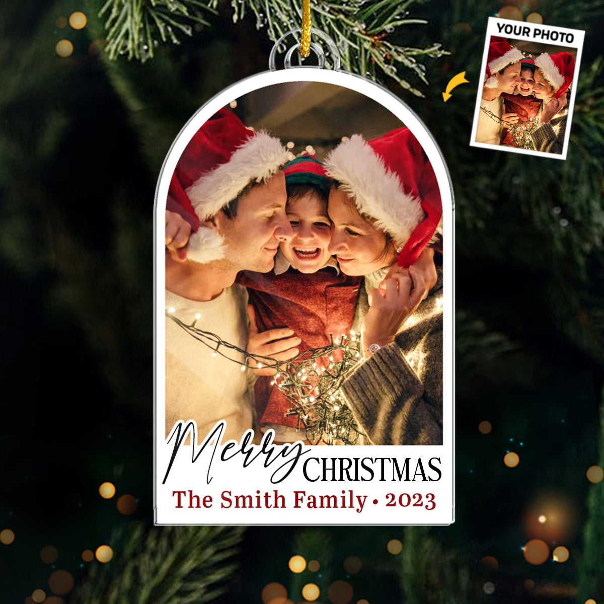 Photo personnalisée « Tous les cœurs rentrent à la maison pour Noël » - Ornement personnalisé familial - Forme personnalisée en acrylique - Cadeau de Noël pour les membres de la famille