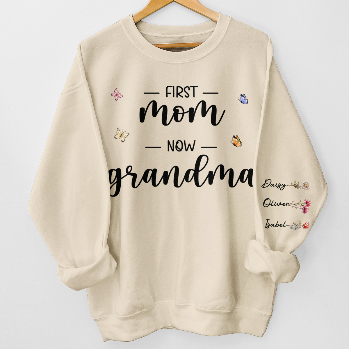 D'abord maman et maintenant grand-mère - Sweat-shirt unisexe personnalisé avec motif sur la manche - Cadeau pour maman et grand-mère
