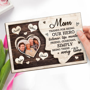 Photo personnalisée Merci d'être notre héros - Plaque en bois personnalisée à 2 couches avec support - Cadeau de pendaison de crémaillère pour maman