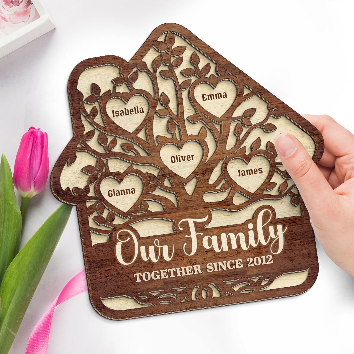 Notre famille ensemble depuis - Plaque en bois personnalisée à 2 couches avec support - Cadeau pour les membres de la famille