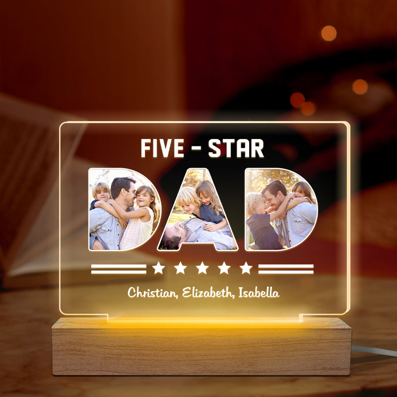 Photo personnalisée Papa cinq étoiles - Lampe LED 3D rectangulaire personnalisée pour la famille - Cadeau d'anniversaire, fête des pères pour papa et grand-père