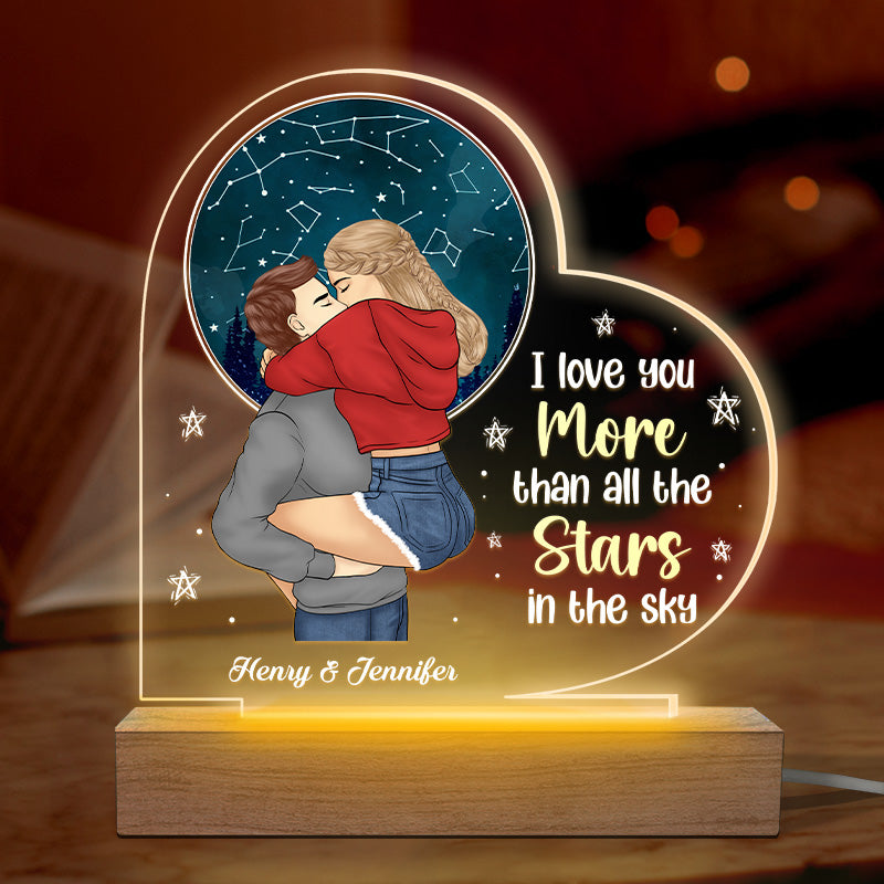 Je t'aime plus que toutes les étoiles du ciel - Lampe LED 3D personnalisée en forme de cœur pour couple - Cadeau pour mari et femme, anniversaire