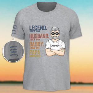 T-shirt unisexe personnalisé avec motif sur la manche, pour la fête des pères et un anniversaire.