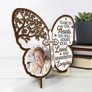 Photo personnalisée toujours présente dans nos esprits - Plaque commémorative personnalisée en bois à 2 couches avec support - Cadeau de condoléances pour les membres de la famille
