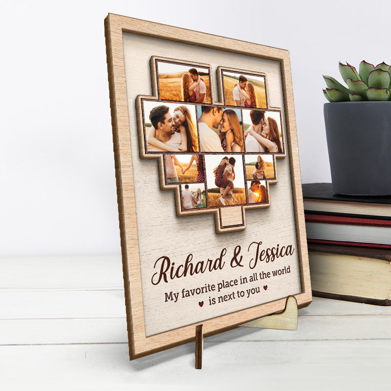 Photo personnalisée « La maison est là où se trouve ma femme » – Plaque en bois personnalisée à 2 couches avec support pour couple – Cadeau de pendaison de crémaillère pour mari et femme, anniversaire