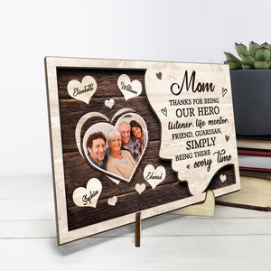 Photo personnalisée Merci d'être notre héros - Plaque en bois personnalisée à 2 couches avec support - Cadeau de pendaison de crémaillère pour maman