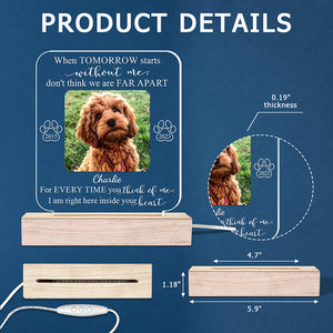 Photo personnalisée « Je suis juste ici dans ton cœur » - Lumière LED 3D personnalisée en forme de mémorial - Cadeau de condoléances pour les propriétaires d'animaux et les amoureux des animaux