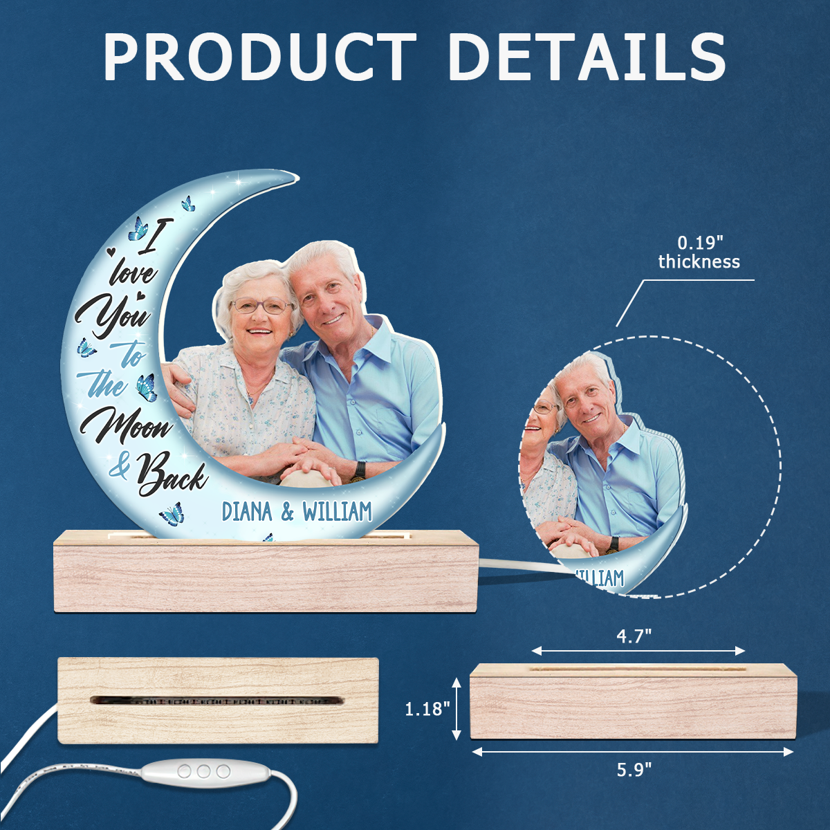 Photo personnalisée « Love You To The Moon And Back » - Couple personnalisé avec lumière LED 3D en forme personnalisée - Téléchargez une photo cadeau pour mari et femme, anniversaire