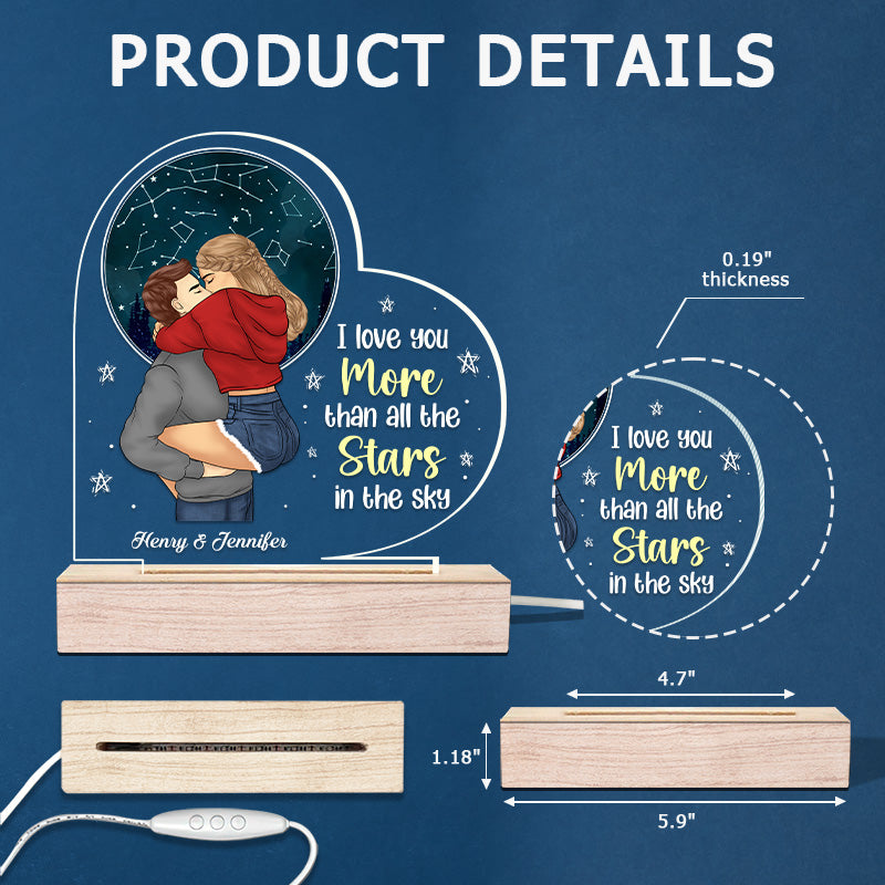 Je t'aime plus que toutes les étoiles du ciel - Lampe LED 3D personnalisée en forme de cœur pour couple - Cadeau pour mari et femme, anniversaire