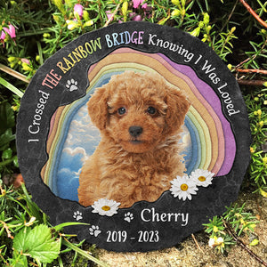 Photo personnalisée d'un bébé en fourrure traversant le pont arc-en-ciel - Pierre commémorative ronde personnalisée avec support - Cadeau de condoléances pour les propriétaires et les amoureux des animaux