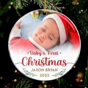 Photo personnalisée « Le premier Noël » - Décoration personnalisée pour la famille - Forme ronde en acrylique - Cadeau de Noël pour les membres de la famille