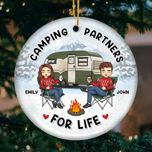 The Campfire Is Our Happy Place - Couple Personalized Custom Ornament - Ceramic Round Shaped - Christmas Gift For Husband Wife, Anniversary, Camping Lovers