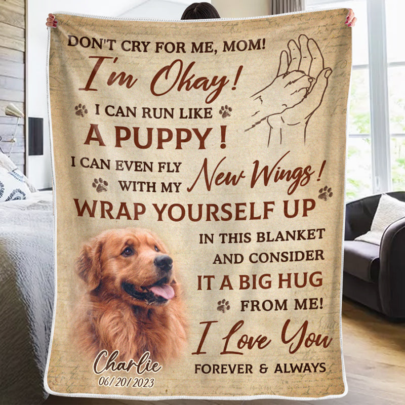 Couverture personnalisée avec photo « Ne pleure pas pour moi, je vais bien » - Cadeau de Noël, souvenir de condoléances pour les propriétaires d'animaux et les amoureux des animaux