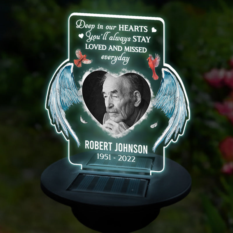 Photo personnalisée au plus profond de nos cœurs, vous resterez toujours aimé et nous manquerez chaque jour - Lampe solaire de jardin personnalisée commémorative - Cadeau de sympathie pour les membres de la famille
