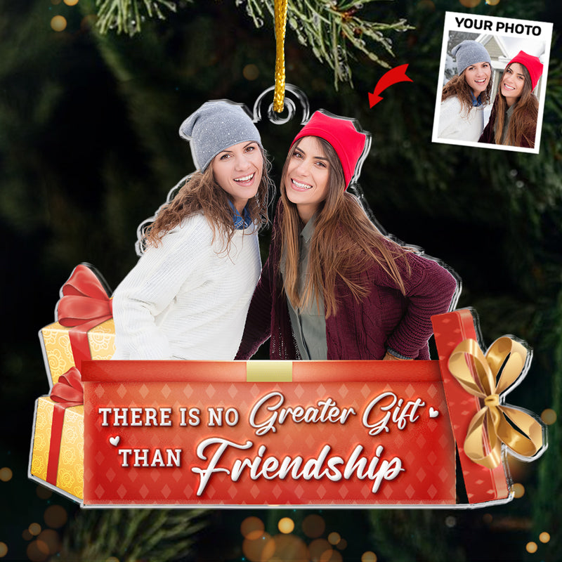 Photo personnalisée pour amis : l'esprit de Noël vit ici - Ornement personnalisé pour meilleure amie - Forme personnalisée en acrylique - Cadeau de Noël pour meilleures amies, meilleures amies, sœurs